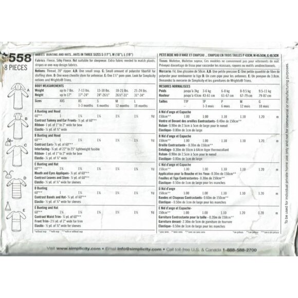 Simplicity Sewing Pattern 3558 Bunting Hats Infants Size S-L - Picture 2 of 2